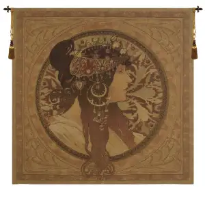Muchas Donna Orechini Square Belgian Tapestry 52x52 Alphonse Mucha Art Nouveau Woman Portrait Jacquard Woven Wall Art