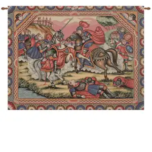 Vintage Ronald's Battle Medieval Tapestry Wall Hanging 25 x 33 in Knight Battle Scene Jacquard Woven Wall Art
