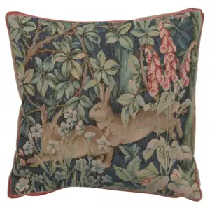 Two Hares in a Forest French Tapestry Pillow Cover 14x14 Cotton Jacquard Woven Cushion Cover
