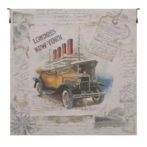 Londres New York Beige Belgian Tapestry Wall Hanging 34x35 London New York Cityscape Jacquard Woven Wall Art