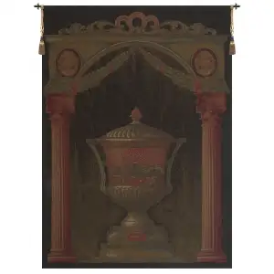 Olde World Filigree Urn Black II Belgian Tapestry 74x55 Floral Urn Still Life Jacquard Woven Wall Hanging