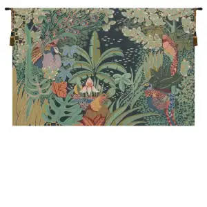 Anne Leurent Jungle and Four Birds Tapestry Wall Hanging 20 x 30 in Tropical Bird Botanical Jacquard Woven Wall Art