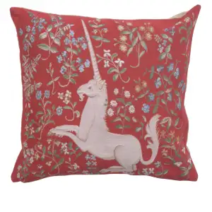 Medieval Licorne Fleuri Red Tapestry Pillow Cover 19x19 Inch Cotton Jacquard Woven Cushion Cover