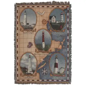 Lighthouses of the Northeast Jacquard Woven Afghan Tapestry Throw Blanket 70x50 Inch Coastal Decor