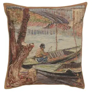 Peche Au Printemps Belgian Tapestry Pillow Cover 16x16 Inch Cotton Jacquard Woven Cushion Cover