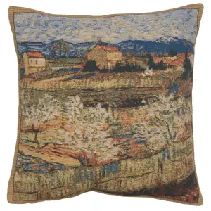 Vincent Van Gogh Le Crau with Peach Trees Tapestry Pillow Cover 16 x 16 Inch