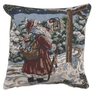 Vintage Santa Travelling Tapestry Pillow Cover 12x12 Inch Cotton Jacquard Woven Cushion Cover