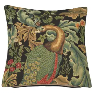 Black Peacock Belgian Tapestry Pillow Cover 18x18 inch 100% Cotton Belgian Jacquard Woven Cushion Cover