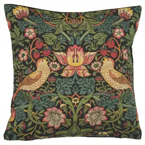 Black Strawberry Thief Belgian Tapestry Pillow Cover 18x18 inch 100% Cotton Belgian Jacquard Woven Cushion Cover
