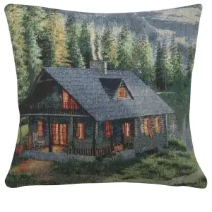 Rustic Cabin Decorative Tapestry Pillow Cover 16x16 Inch Cotton Jacquard Woven Cushion Cover