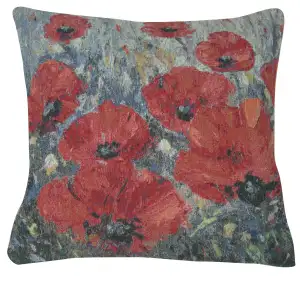 Poppies in Blue Decorative Tapestry Pillow Cover 16x16 Inch Cotton Jacquard Woven Cushion Cover