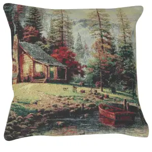 Lakeside Cabin Retreat Tapestry Cushion Cover 16x16 Inch Scenic Landscape Decorative Throw Pillow