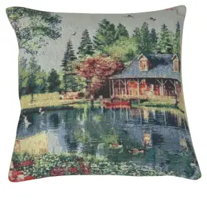 Placid Cabin Tapestry Cushion Cover 16x16 Inch Rustic Landscape Decorative Throw Pillow Home Decor