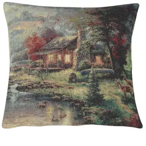 Tranquil Cabin and Deer Tapestry Cushion Cover 16x16 Inch Wildlife Landscape Throw Pillow