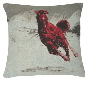 Running Red Stallion Decorative Tapestry Pillow Cover 16x16 Inch Cotton Jacquard Woven Cushion Cover