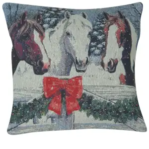 Snowy Horses Decorative Tapestry Pillow Cover 16x16 Inch Cotton Jacquard Woven Cushion Cover