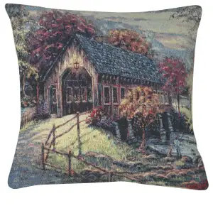 Autumn Covered Bridge Decorative Tapestry Pillow Cover 16x16 Inch Cotton Jacquard Woven Cushion Cover