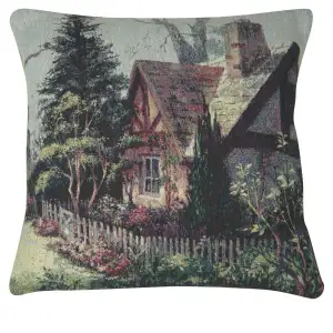 A Peaceful Cottage Tapestry Cushion Cover 16x16 Inch Country Landscape Decorative Throw Pillow