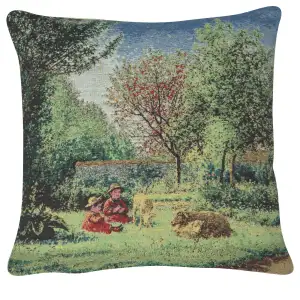Children and Sheep Tapestry Cushion Cover 16x16 Inch Country Scene Decorative Throw Pillow