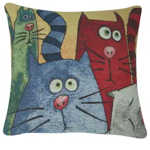 Cartoon Cats Decorative Tapestry Pillow Cover  16x16 Inch Cotton Jacquard Woven Cushion Cover