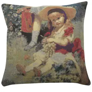 Child with Grapes Tapestry Cushion Cover 16x16 Inch Classic Figurative Decorative Throw Pillow