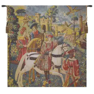 Medieval Chasse Bright Vintage Tapestry Wall Hanging 39 x 38 in Hunting Scene Medieval Jacquard Woven Wall Art
