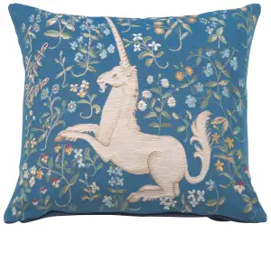 Medieval Licorne Fleuri Blue Tapestry Pillow Cover 19x19 Inch Cotton Jacquard Woven Cushion Cover
