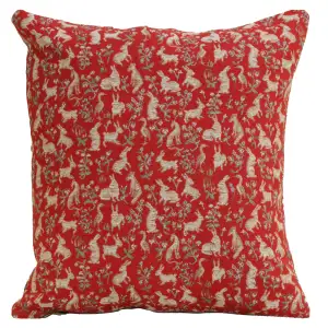 Medieval Mille Fleurs and Little Animals Red Tapestry Pillow Cover 14x14 Inch Cotton Jacquard Woven Cushion Cover