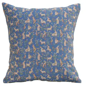 Medieval Mille Fleurs and Little Animals Blue Tapestry Pillow Cover 14x14 Inch Cotton Jacquard Woven Cushion Cover