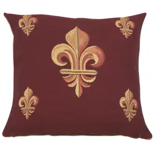 French Five Fleur de Lys Red Tapestry Pillow Cover 19x19 Inch Cotton Jacquard Woven Cushion Cover