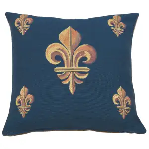 French Five Fleur de Lys Blue Tapestry Pillow Cover 19x19 Inch Cotton Jacquard Woven Cushion Cover