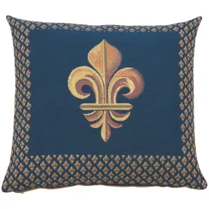 French Framed Fleur de Lys Blue Tapestry Pillow Cover 19x19 Inch Cotton Jacquard Woven Cushion Cover