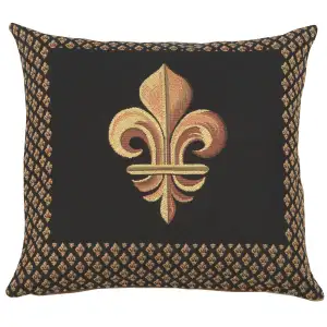 French Framed Fleur de Lys Black Tapestry Pillow Cover 19x19 Inch Cotton Jacquard Woven Cushion Cover