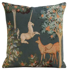 Medieval Unicorn and Does Forest Blue Tapestry Pillow Cover 19x19 Inch Cotton Jacquard Woven Cushion Cover
