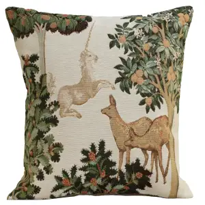 Medieval Unicorn and Does Forest White Tapestry Pillow Cover 19x19 Inch Cotton Jacquard Woven Cushion Cover