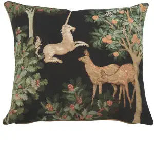 Medieval Unicorn and Does Forest Black Tapestry Pillow Cover 19x19 Inch Cotton Jacquard Woven Cushion Cover