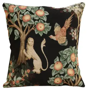 Medieval Lion and Pheasant Forest Black Tapestry Pillow Cover 19x19 Inch Cotton Jacquard Woven Cushion Cover