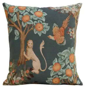 Medieval Lion and Pheasant Forest Blue Tapestry Pillow Cover 19x19 Inch Cotton Jacquard Woven Cushion Cover