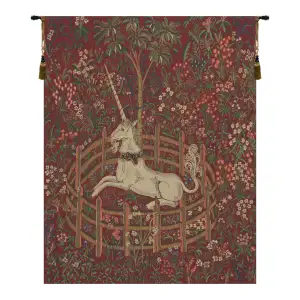 Medieval Unicorn In Captivity Red Vintage Tapestry Wall Hanging 42 x 34 in Millefleurs Unicorn Jacquard Woven Wall Art