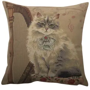 Cat with Harp Belgian Tapestry Pillow Cover 18x18 Inch Cotton Jacquard Woven Cushion Cover