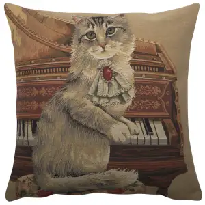 Cat with Piano Belgian Tapestry Pillow Cover 18x18 Inch Cotton Jacquard Woven Cushion Cover