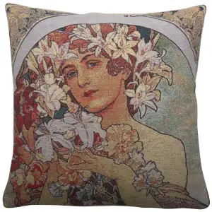 Flower by Mucha Tapestry Cushion Cover 16x16 Inch Art Nouveau Floral Throw Pillow