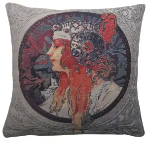 Donna Orechini by Mucha Tapestry Cushion Cover 16x16 Inch Art Nouveau Throw Pillow