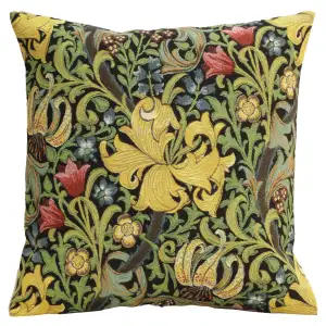 Golden Lily Black Belgian Tapestry Pillow Cover 18x18 inch 100% Cotton Belgian Jacquard Woven Cushion Cover