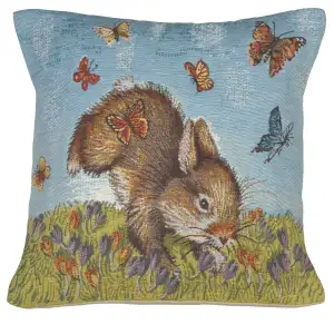 Bunny and Butterflies Belgian Tapestry Pillow Cover 17x17 Inch Cotton Jacquard Woven Cushion Cover