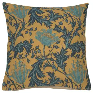 Anemone Blue Gold Belgian Tapestry Pillow Cover 16x16 inch Cotton Jacquard Woven Cushion Cover