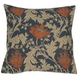 Anemone Blue Rust Belgian Tapestry Pillow Cover 16x16 inch Cotton Jacquard Woven Cushion Cover