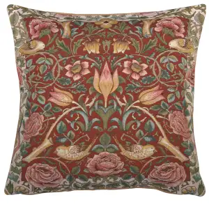 Roses and Birds Red French Tapestry Pillow Cover 19x19 inch Cotton Jacquard Woven Cushion Cover