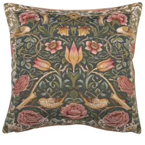 Roses and Birds Blue French Tapestry Pillow Cover 19x19 inch Cotton Jacquard Woven Cushion Cover
