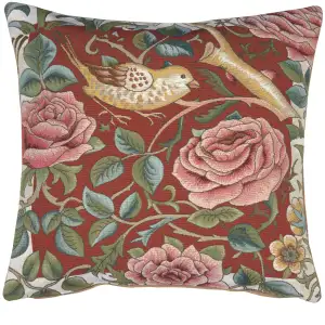 Zoom Bird and Roses Red French Tapestry Pillow Cover 19x19 inch Cotton Jacquard Woven Cushion Cover